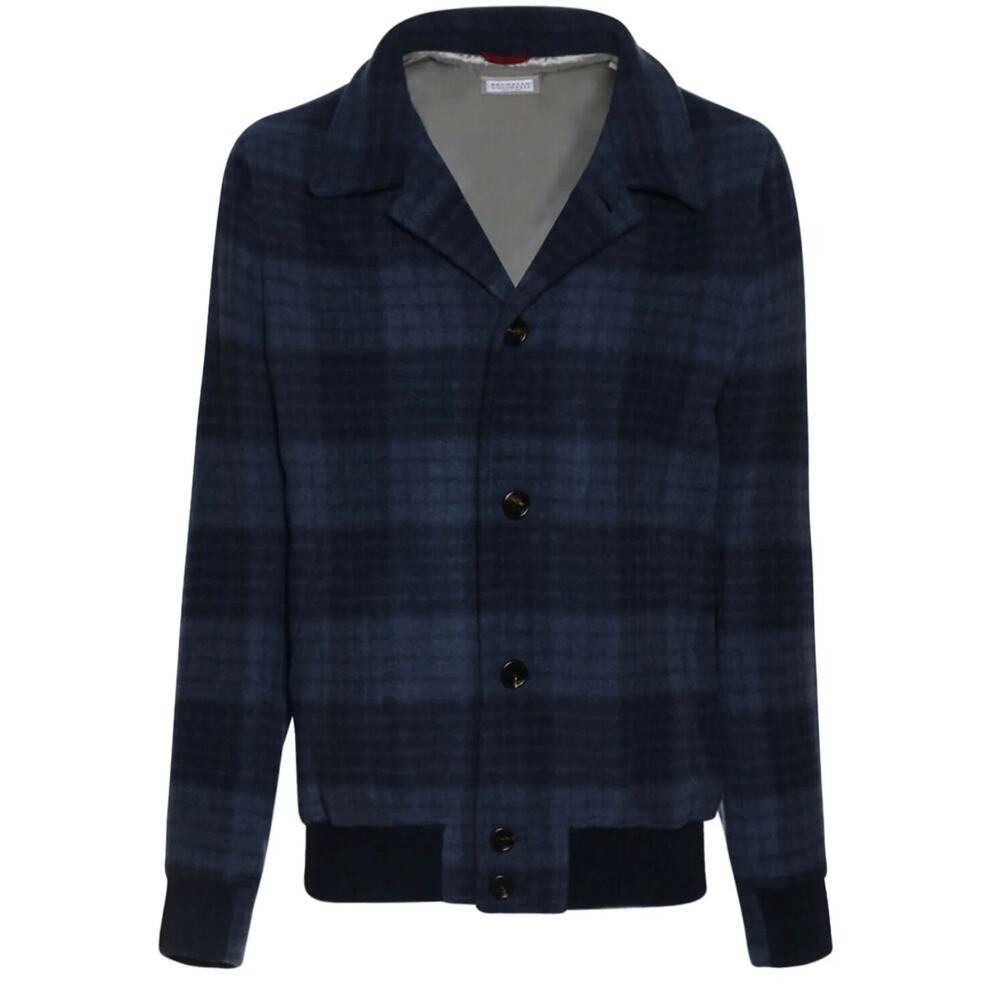 Brunello Cucinelli Navy and Light Blue Wool Blend Plaid Jacket